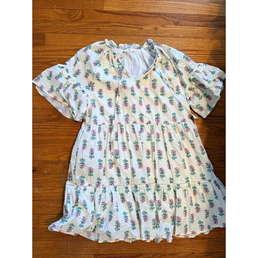 Entro White Pink Green Floral Sundress Ruffle Lined Short Sleeve Dress L